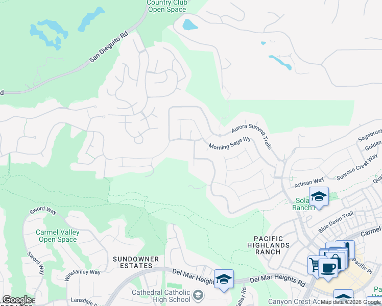 map of restaurants, bars, coffee shops, grocery stores, and more near 13712 Goldenpine Trails in San Diego