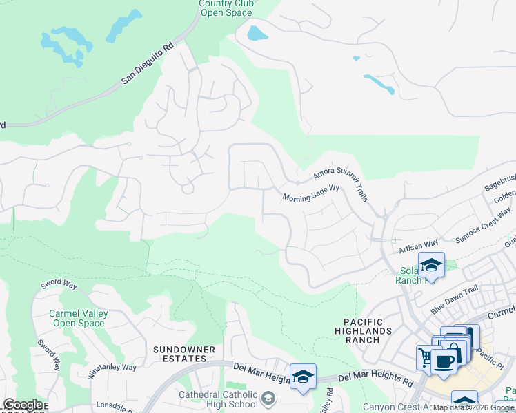 map of restaurants, bars, coffee shops, grocery stores, and more near 13712 Goldenpine Trails in San Diego