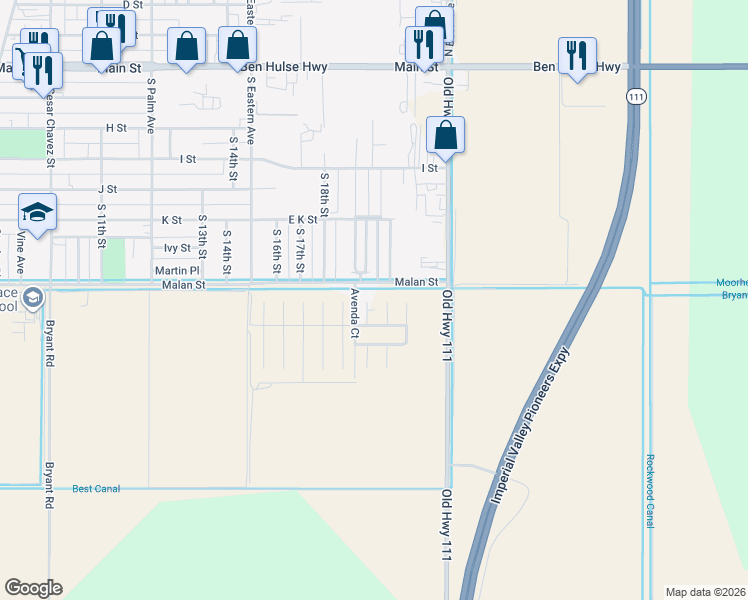 map of restaurants, bars, coffee shops, grocery stores, and more near Zozoa Court in Brawley