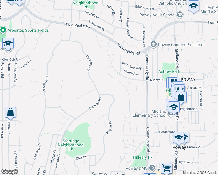 map of restaurants, bars, coffee shops, grocery stores, and more near 13989 Pequot Drive in Poway