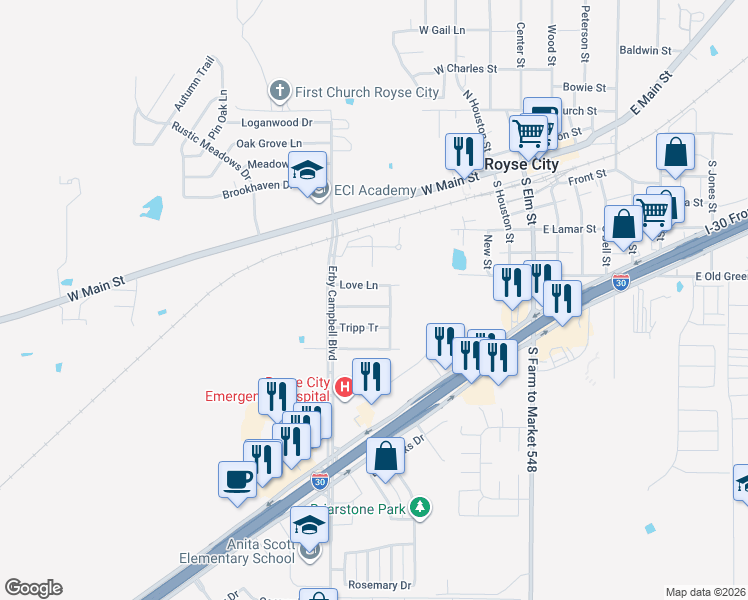 map of restaurants, bars, coffee shops, grocery stores, and more near 624 Skelton Street in Royse City