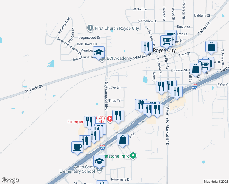 map of restaurants, bars, coffee shops, grocery stores, and more near 624 Skelton Street in Royse City