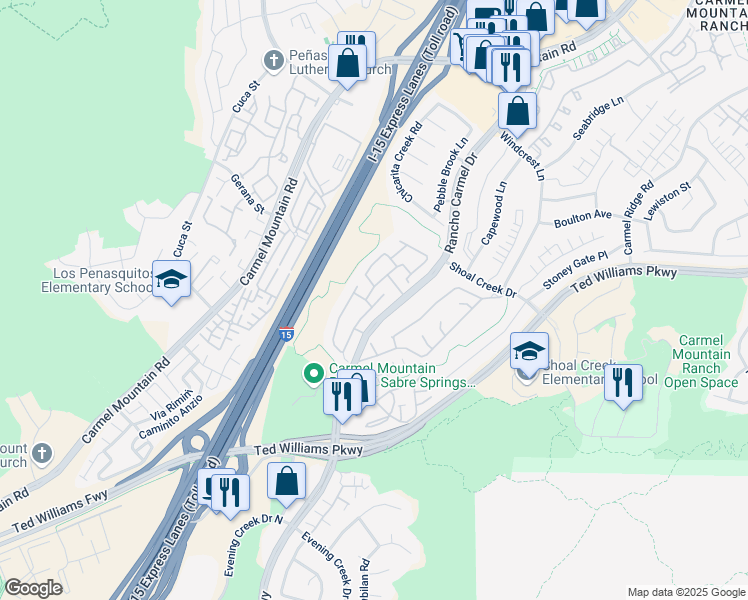 map of restaurants, bars, coffee shops, grocery stores, and more near 10462 Rancho Carmel Drive in San Diego