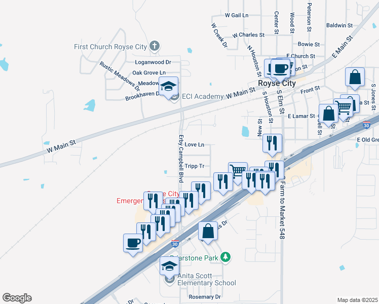 map of restaurants, bars, coffee shops, grocery stores, and more near 620 Skelton Street in Royse City