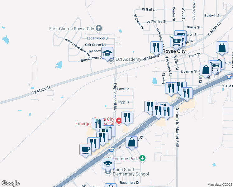 map of restaurants, bars, coffee shops, grocery stores, and more near 620 Skelton Street in Royse City