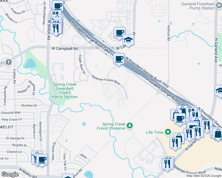 map of restaurants, bars, coffee shops, grocery stores, and more near 6151 Naaman Forest Boulevard in Garland