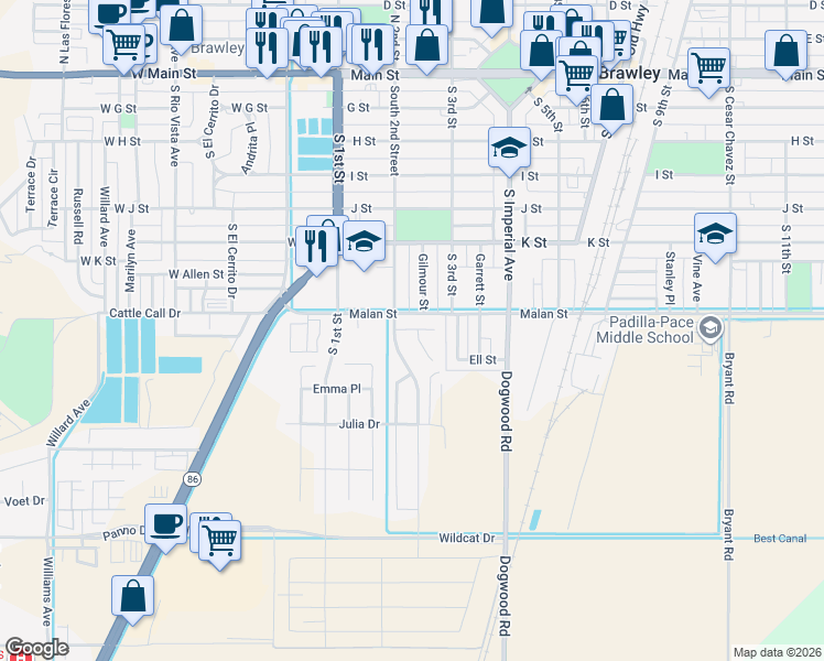 map of restaurants, bars, coffee shops, grocery stores, and more near Bell Court in Brawley