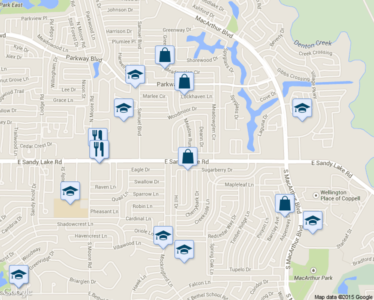 map of restaurants, bars, coffee shops, grocery stores, and more near 101-145 Lansdowne Circle in Coppell