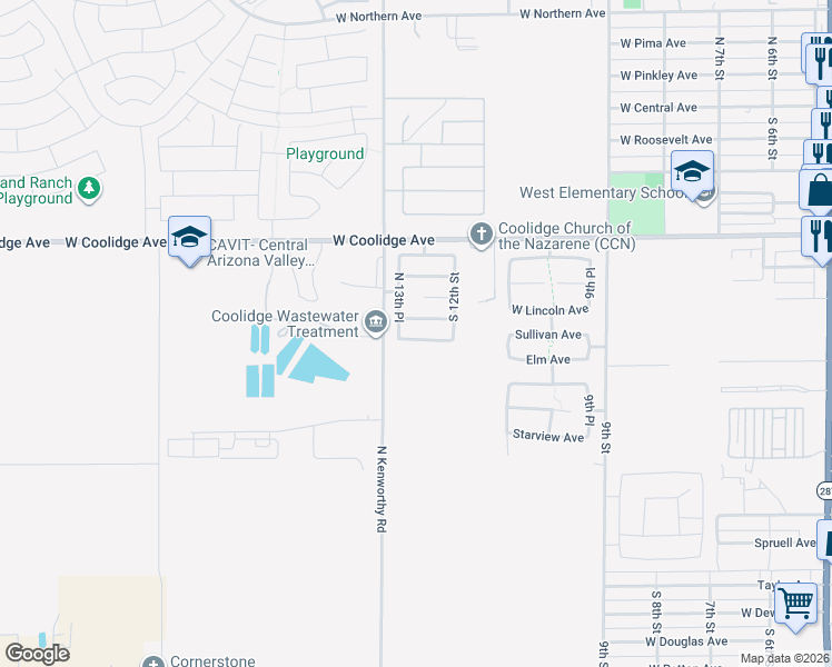 map of restaurants, bars, coffee shops, grocery stores, and more near 1216 West Elm Avenue in Coolidge