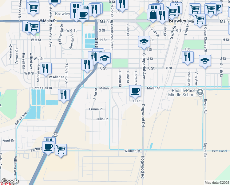 map of restaurants, bars, coffee shops, grocery stores, and more near Bell Court in Brawley