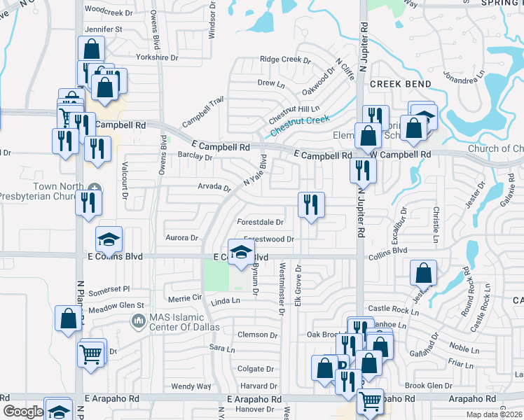 map of restaurants, bars, coffee shops, grocery stores, and more near 1913 Forestdale Drive in Richardson