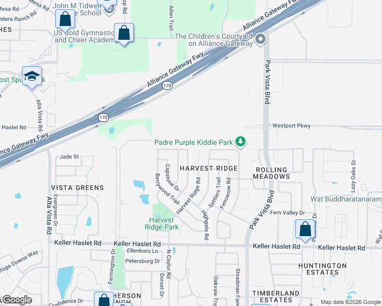 map of restaurants, bars, coffee shops, grocery stores, and more near 13265 Harvest Ridge Road in Fort Worth