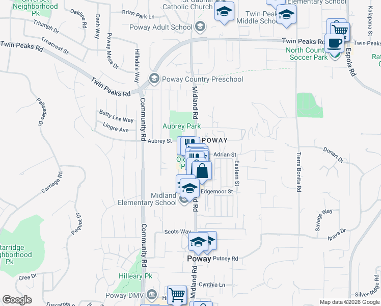 map of restaurants, bars, coffee shops, grocery stores, and more near 14134 Midland Road in Poway