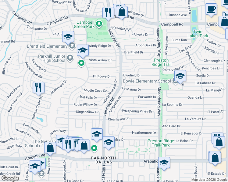 map of restaurants, bars, coffee shops, grocery stores, and more near 15980 Hillcrest Road in Dallas