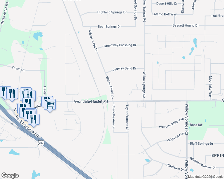 map of restaurants, bars, coffee shops, grocery stores, and more near 13224 Willow Creek Drive in Haslet
