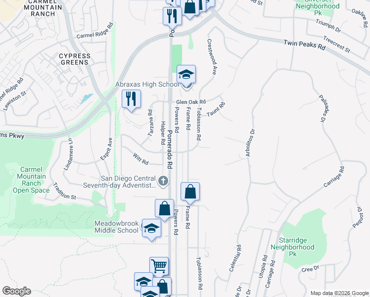 map of restaurants, bars, coffee shops, grocery stores, and more near 14106 Frame Road in Poway
