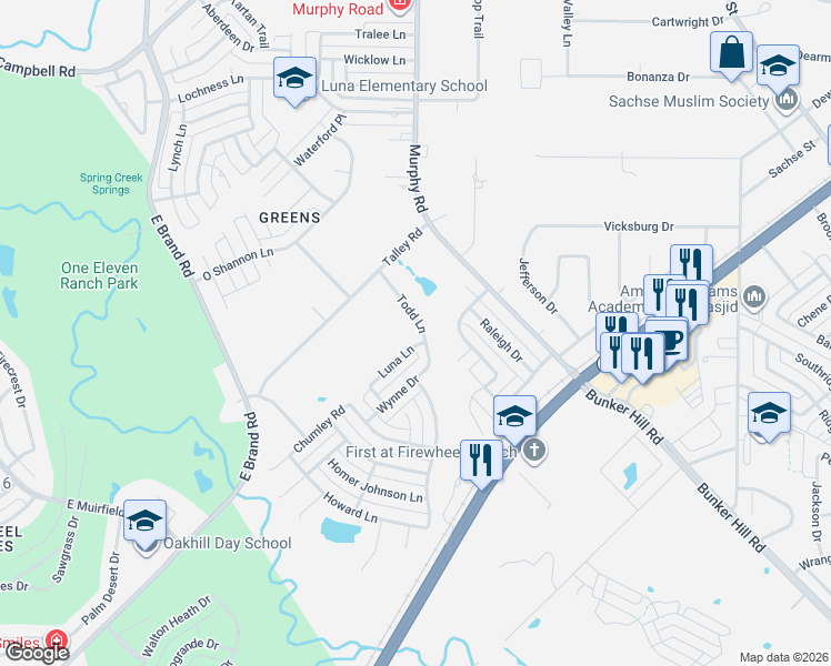 map of restaurants, bars, coffee shops, grocery stores, and more near 1237 Luna Lane in Garland