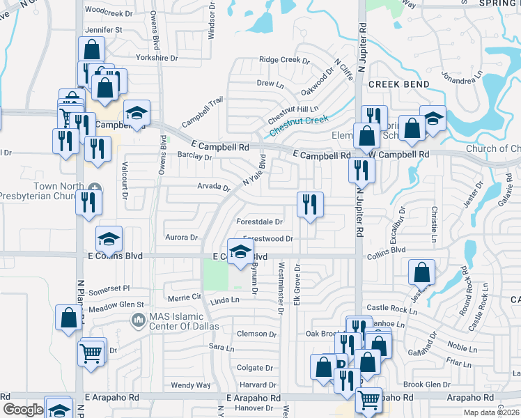 map of restaurants, bars, coffee shops, grocery stores, and more near 1913 Forestdale Drive in Richardson