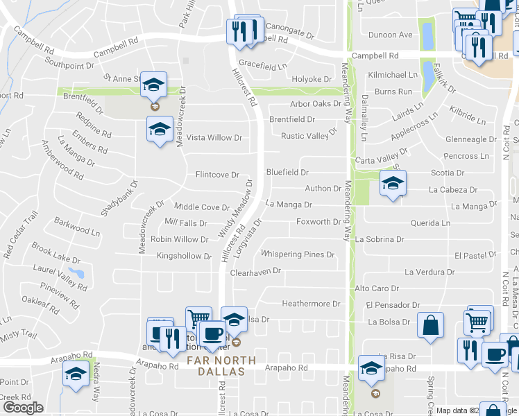 map of restaurants, bars, coffee shops, grocery stores, and more near 15900-15990 Hillcrest Road in Dallas