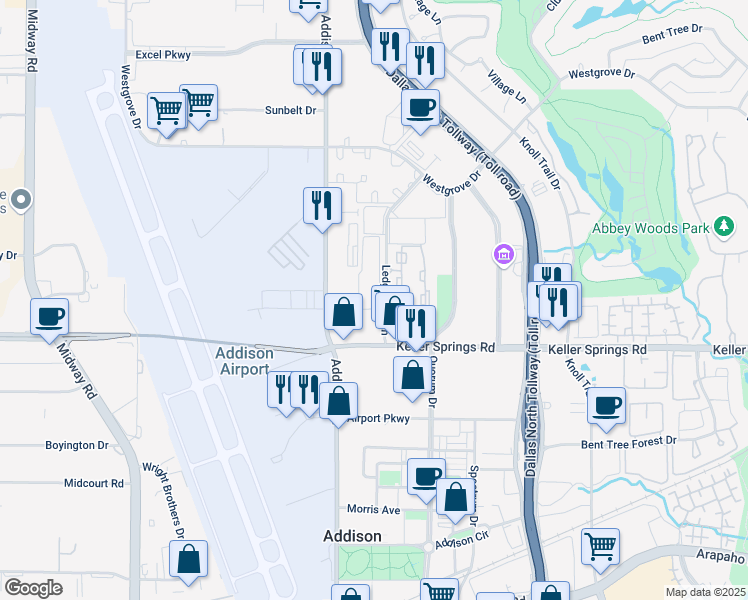 map of restaurants, bars, coffee shops, grocery stores, and more near 16001-16217 Ledgemont Lane in Addison