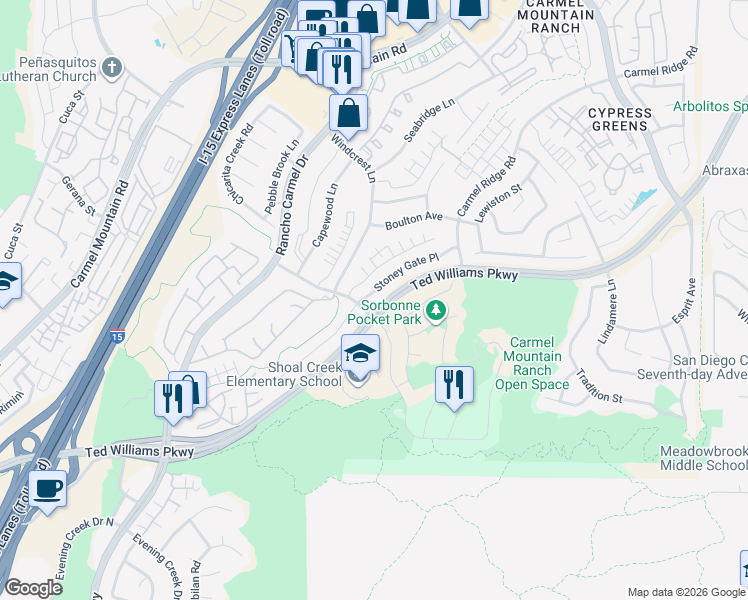 map of restaurants, bars, coffee shops, grocery stores, and more near 14041 Stoney Gate Place in San Diego