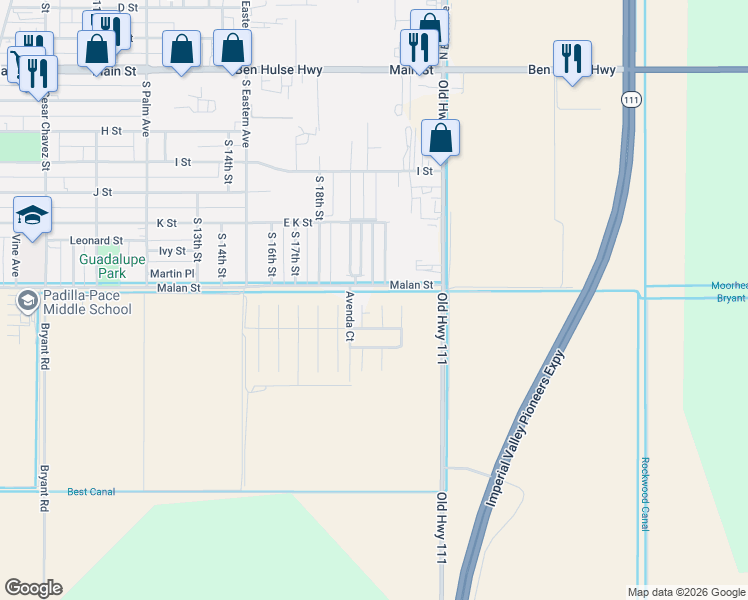 map of restaurants, bars, coffee shops, grocery stores, and more near Zozoa Court in Brawley