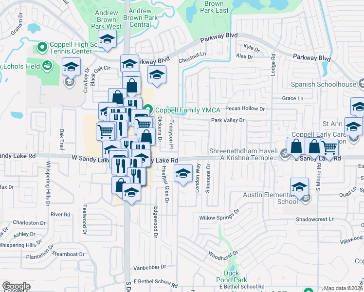 map of restaurants, bars, coffee shops, grocery stores, and more near 111 Bristol Court in Coppell