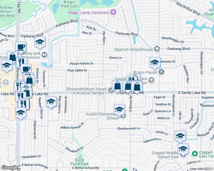 map of restaurants, bars, coffee shops, grocery stores, and more near 110 Ridgecrest Court in Coppell