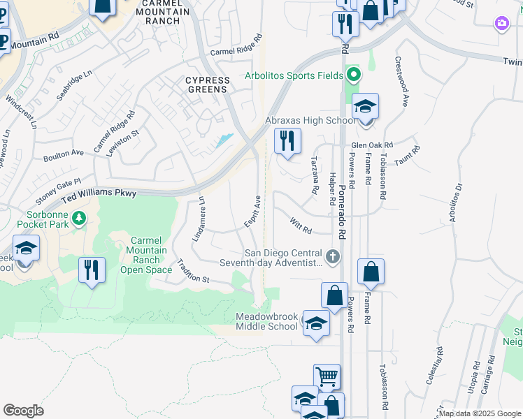 map of restaurants, bars, coffee shops, grocery stores, and more near 13737 Esprit Avenue in San Diego