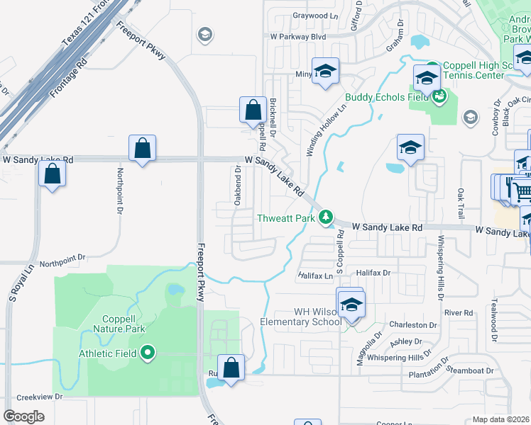 map of restaurants, bars, coffee shops, grocery stores, and more near 139 Manchester Lane in Coppell