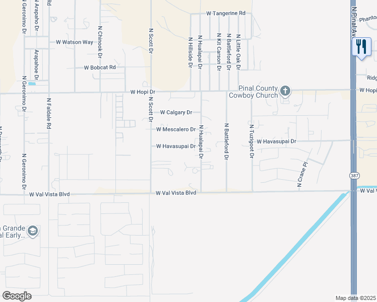 map of restaurants, bars, coffee shops, grocery stores, and more near 18937 W Havasupai Dr in Casa Grande