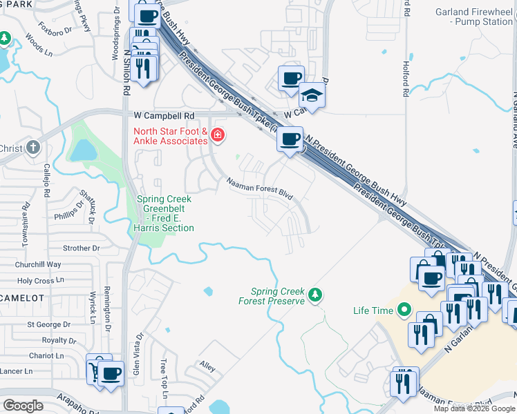 map of restaurants, bars, coffee shops, grocery stores, and more near 6361 Naaman Forest Boulevard in Garland