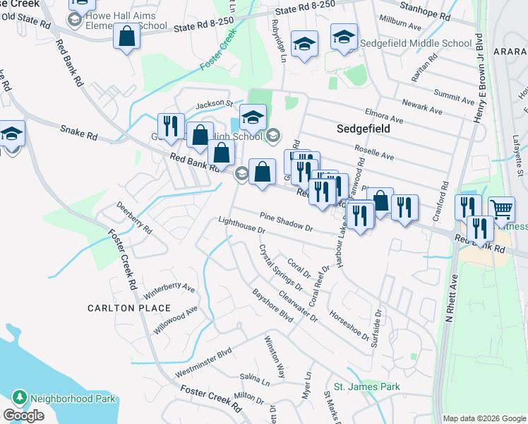 map of restaurants, bars, coffee shops, grocery stores, and more near 152 Pineshadow Drive in Goose Creek