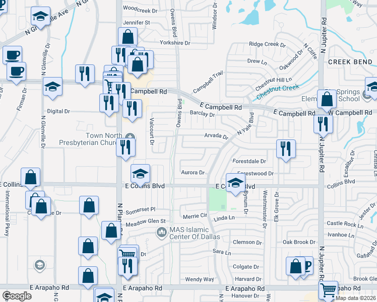 map of restaurants, bars, coffee shops, grocery stores, and more near 1701 Aurora Drive in Richardson