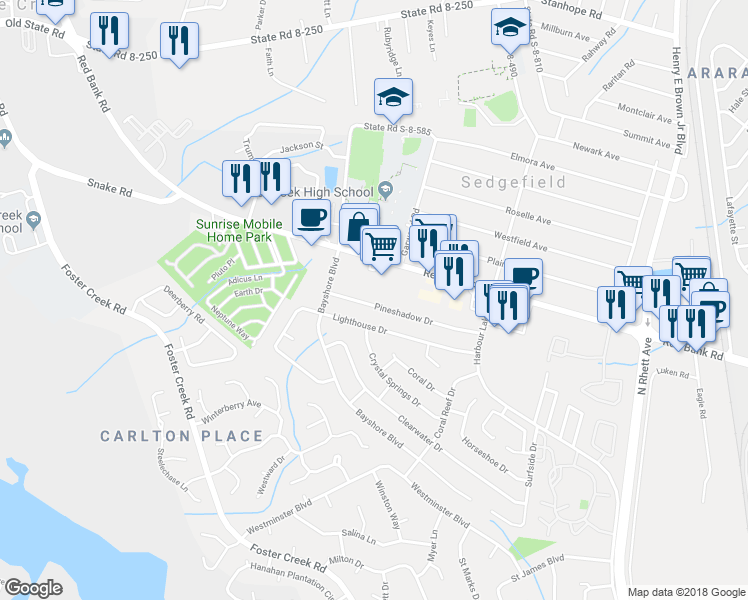 map of restaurants, bars, coffee shops, grocery stores, and more near 154 Pineshadow Drive in Goose Creek