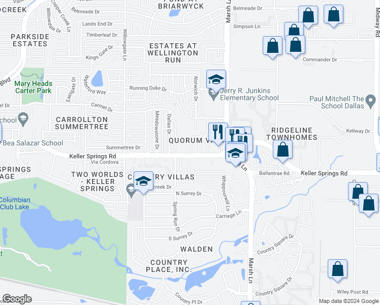 map of restaurants, bars, coffee shops, grocery stores, and more near 2835 Keller Springs Road in Carrollton