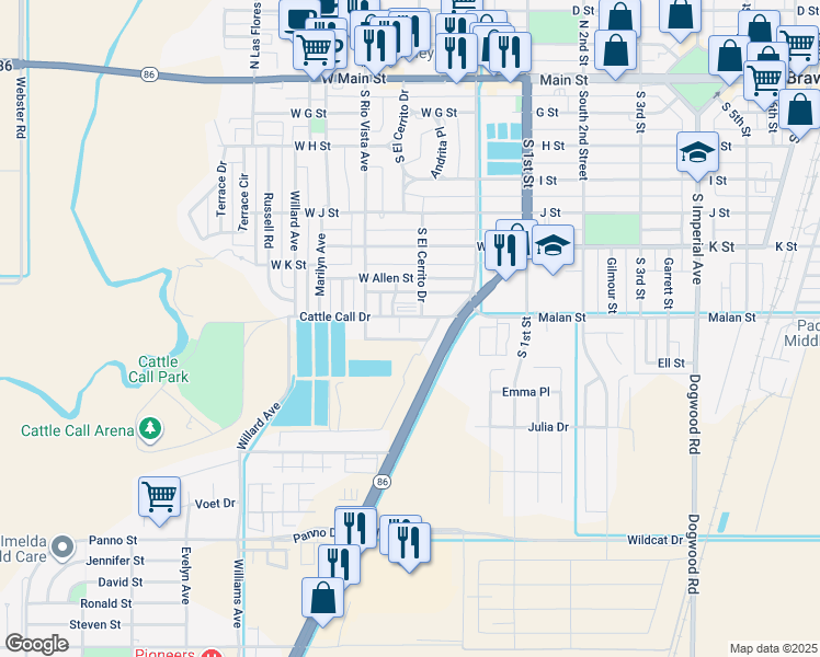 map of restaurants, bars, coffee shops, grocery stores, and more near 725-731 South Rio Vista Avenue in Brawley