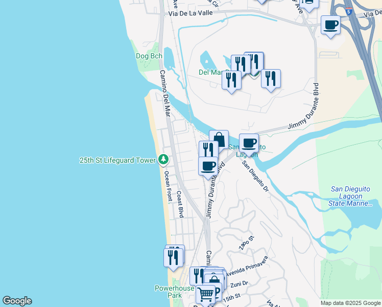 map of restaurants, bars, coffee shops, grocery stores, and more near 236 25th Street in Del Mar