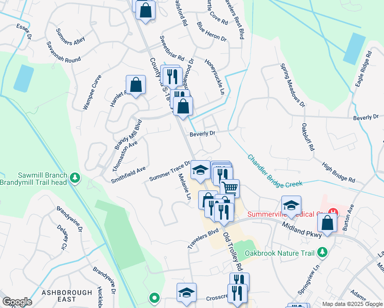 map of restaurants, bars, coffee shops, grocery stores, and more near 200 Westbury Mews Drive in Summerville