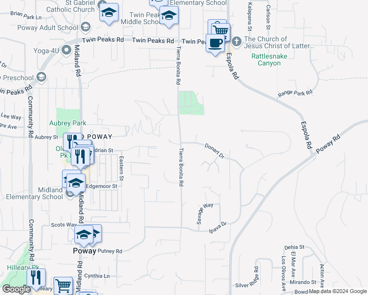 map of restaurants, bars, coffee shops, grocery stores, and more near 14145 Tierra Bonita Road in Poway