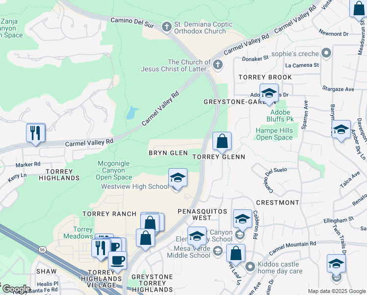 map of restaurants, bars, coffee shops, grocery stores, and more near 8299 Bryn Glen Way in San Diego