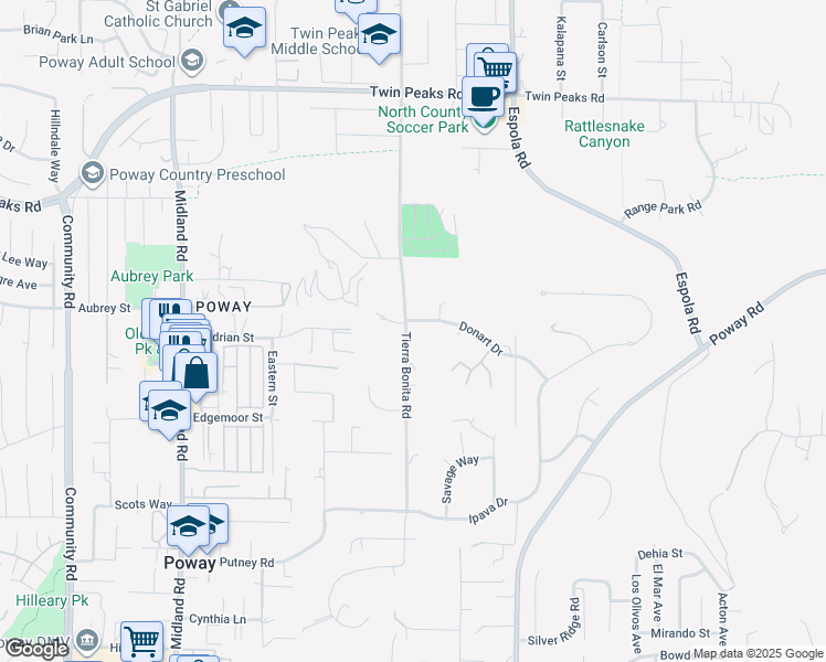 map of restaurants, bars, coffee shops, grocery stores, and more near 14145 Tierra Bonita Road in Poway