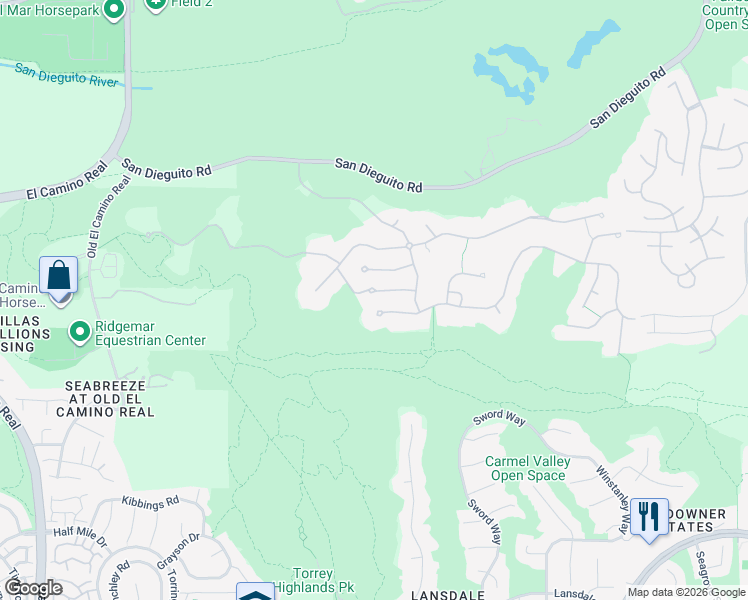 map of restaurants, bars, coffee shops, grocery stores, and more near 4631 Rancho Laguna Bend in San Diego