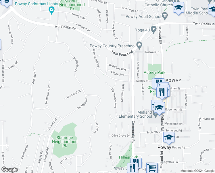 map of restaurants, bars, coffee shops, grocery stores, and more near 14164 Hermosillo Way in Poway