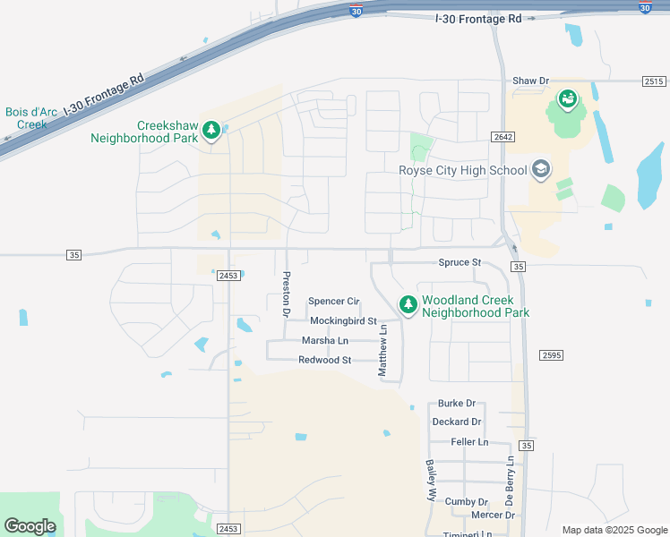 map of restaurants, bars, coffee shops, grocery stores, and more near 2801 Farm to Market 35 in Royse City