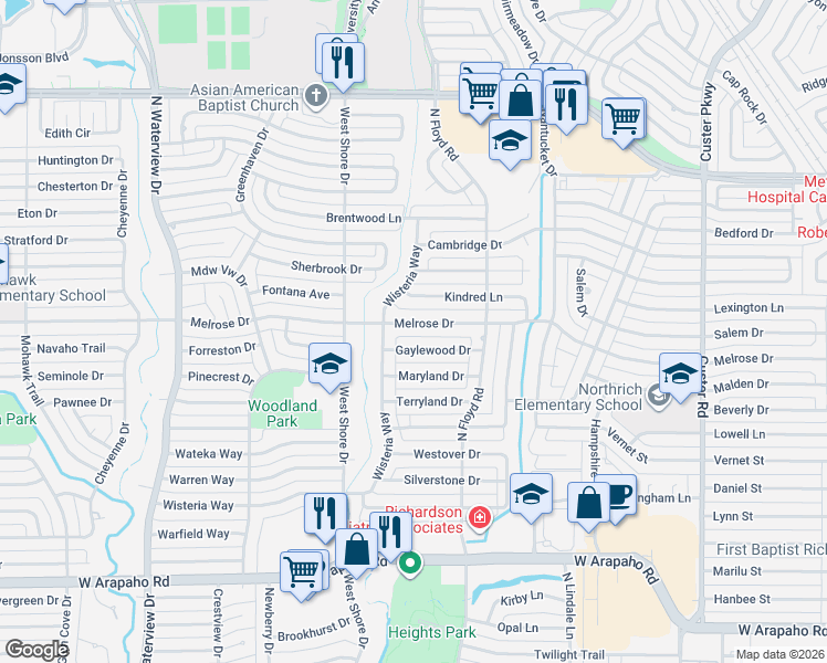 map of restaurants, bars, coffee shops, grocery stores, and more near 722 Gaylewood Drive in Richardson