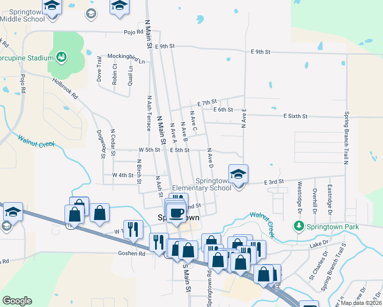 map of restaurants, bars, coffee shops, grocery stores, and more near 300 East 5th Street in Springtown