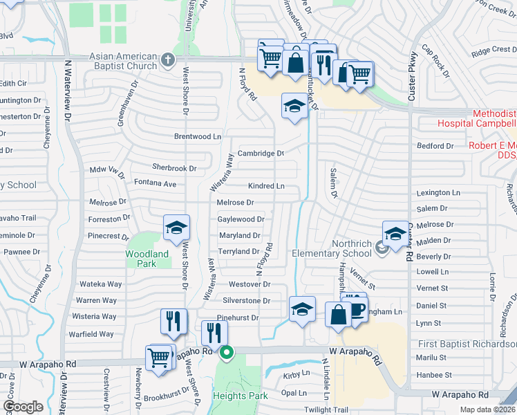 map of restaurants, bars, coffee shops, grocery stores, and more near 708 Gaylewood Drive in Richardson
