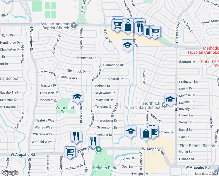 map of restaurants, bars, coffee shops, grocery stores, and more near 708 Gaylewood Drive in Richardson