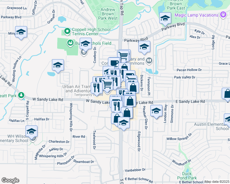 map of restaurants, bars, coffee shops, grocery stores, and more near 100 West Sandy Lake Road in Coppell